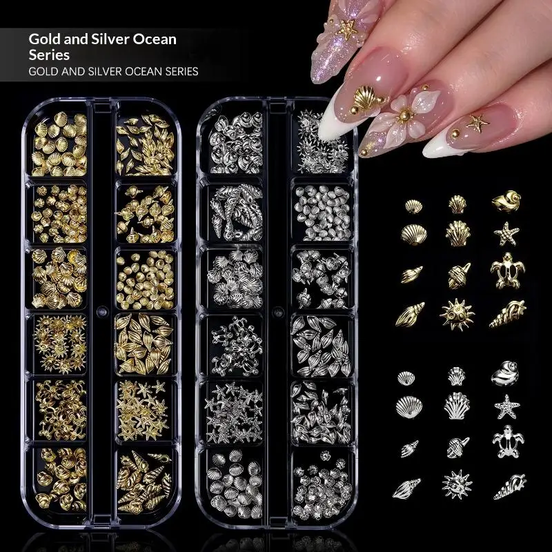 12Gird 3D Metallic Ocean Nail Art Stud Mix Gold Shell Starfish Conch Rivet Manicure Accessories