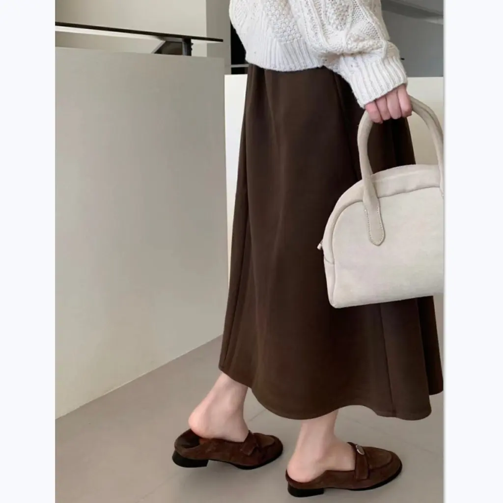 

Korean Style Long Skirt Autumn Winter Pleated Shell Beaded Woolen Women's Fashionable Elegant Maxi Skirt
