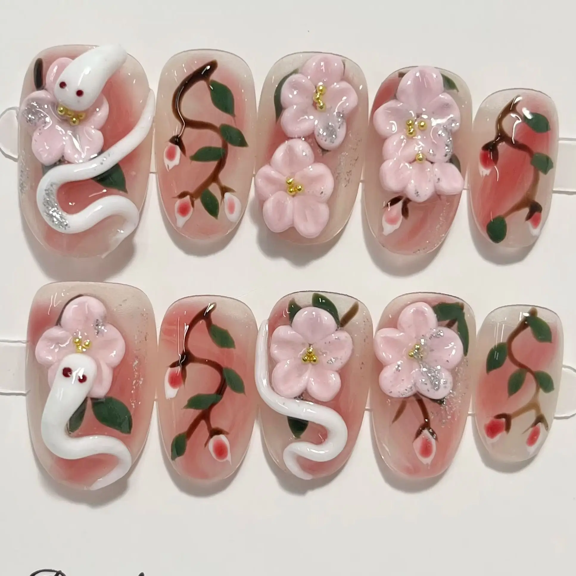 3D White Snake & Raised Cherry Blossom Press On Nails | Hand Sculpted Pink Gradient Coffin Handcrafted False Nails
