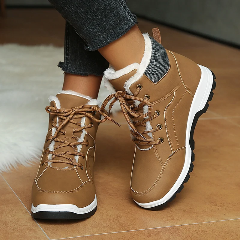 Women Lace Up Thick Sole Warm Snow Boots 2024 New Winter Fluffy Cotton Padded Shoes Ladies Waterproof Non Slip Platform Sneakers