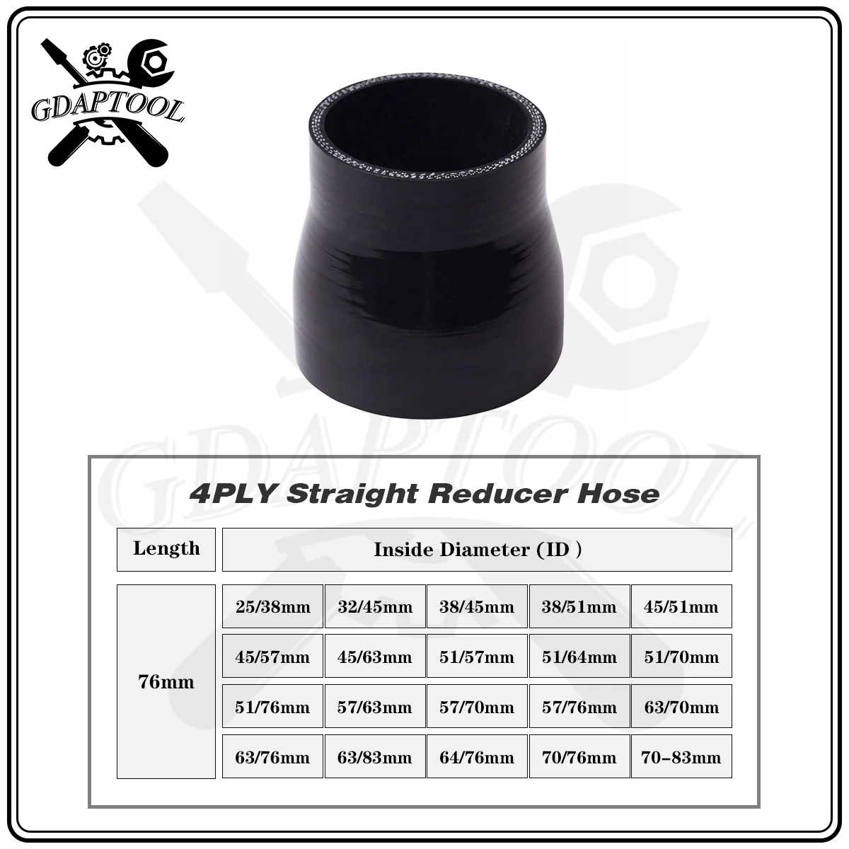 4-Ply Black 76mm Length Straight Reducer Hose ID 25mm 32mm 38mm 45mm 51mm 57mm 63mm 64mm 70mm Silicone Coolant Intercooler Tube