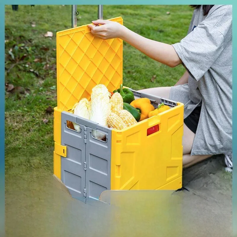 

Portable Folding Shopping Cart Picnic Hand Pull Rod Stackable Box Home Use Convenient Utility Cart Plastic Material