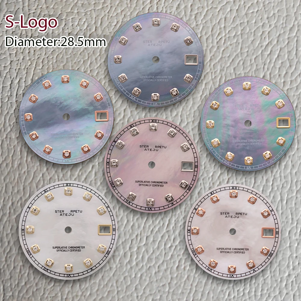 New 28.5mm S Logo Diamond pearl shell NH35 Dial Golden Index Dial Fit NH36 Movement No Luminous Watch Modification Accessories