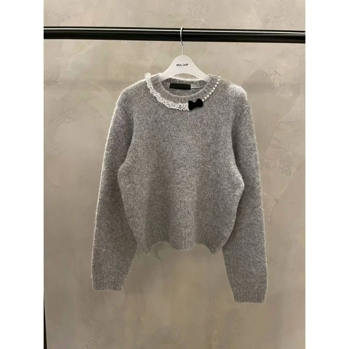 Korejpaa 2024 Autumn Pull Femme Korean Fashion Round Neck Beaded Bow Knitted Sweater Clothes Outwear Casual Long Sleeve Top