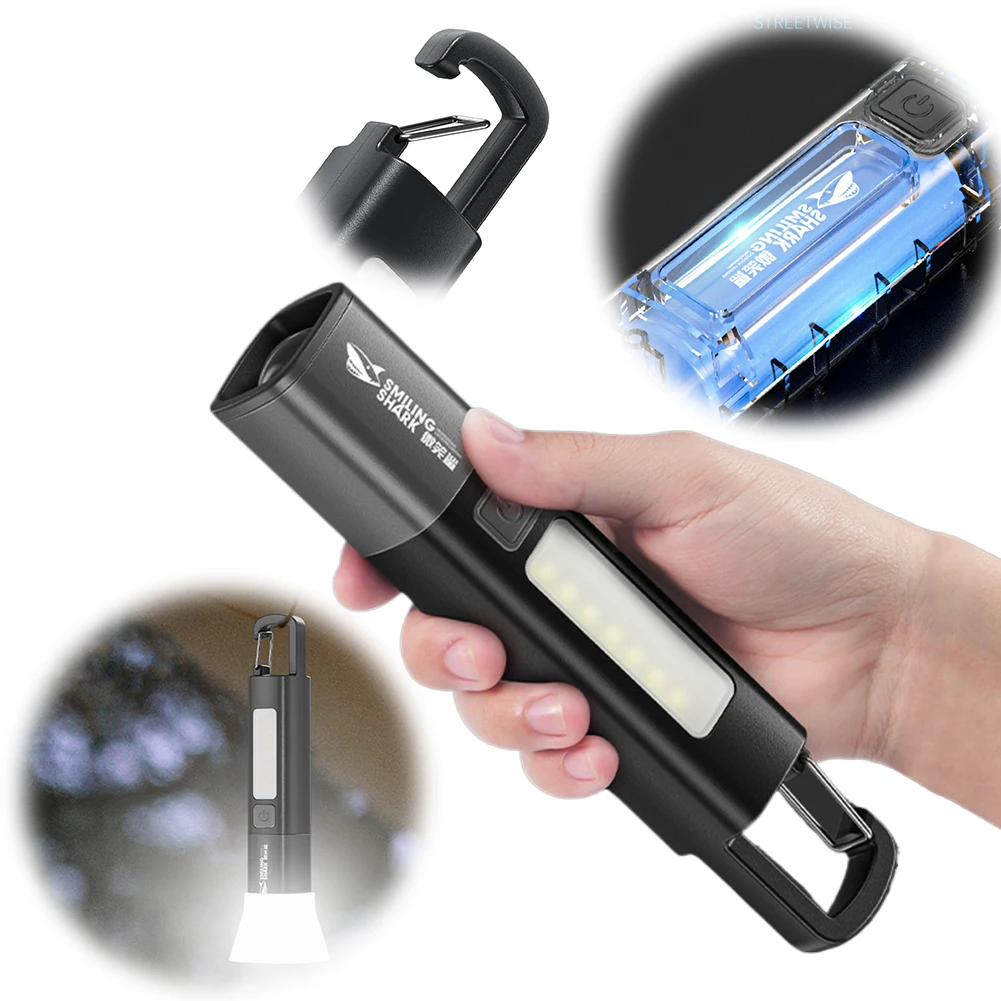 

Waterproof Smiling Shark SD1023 LED Torch Light XPE Super Bright Flashlight with Hook Camping Light USB Rechargeable Zoomable