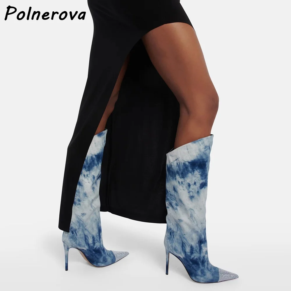 

Rhinestone Blue White Boots Pointy Toe Thin Heels Mixed Color Slip On Sexy Elegant Knee High Boots Winter Runway Concise Shoes