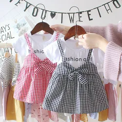 Summer Newborn Baby Girl Clothes Fashion Fake Two-piece Dress Plaid Short Sleeve Princess Beach Newborn Baby Dresses