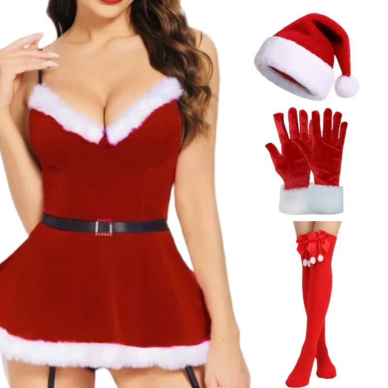

Christmas Sexy Red Suspender Dress Cosplay Warm and Fluffy Costume with Accessories Full Set for Women Xmas Theme Party