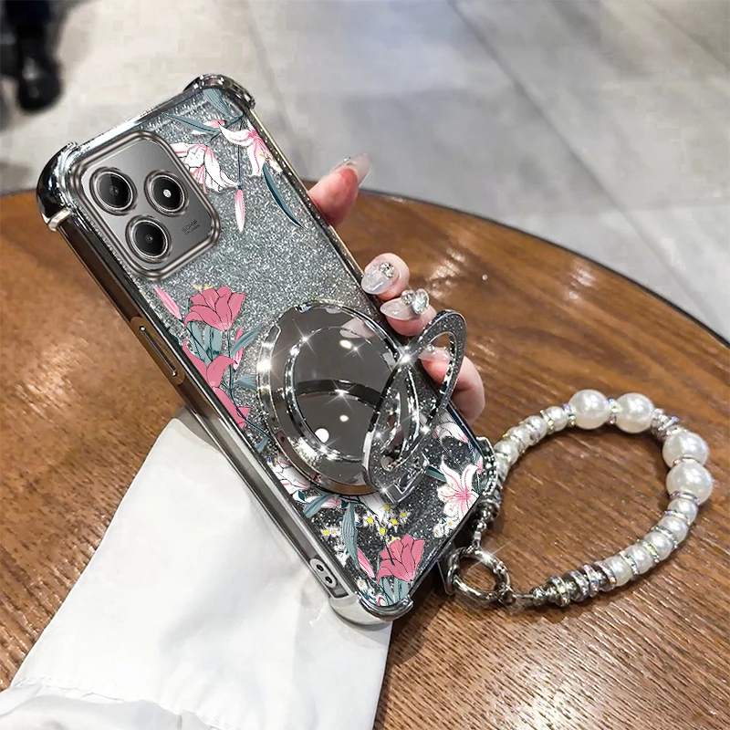 

C61 Daffodil flower Plating Bracelet Holder Phone Case For Realme C75 C63 N63 C61 C35 C51 Narzo N55 Note 50 Cover