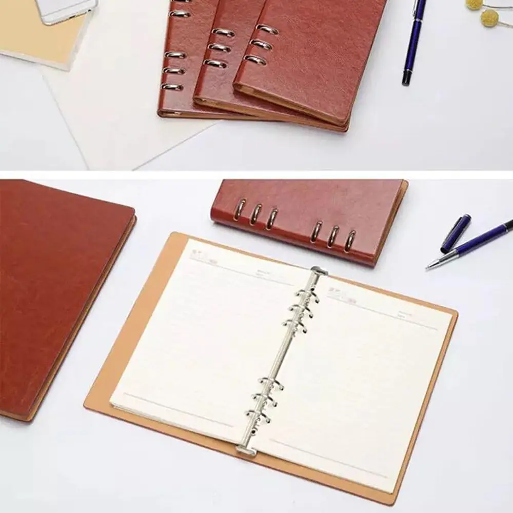 A5 Notebook PU Leather Cover Notebook， Loose Pocket Leather Refillable Notebook Binder Rings Journal Hard Cover Diary Bussiness