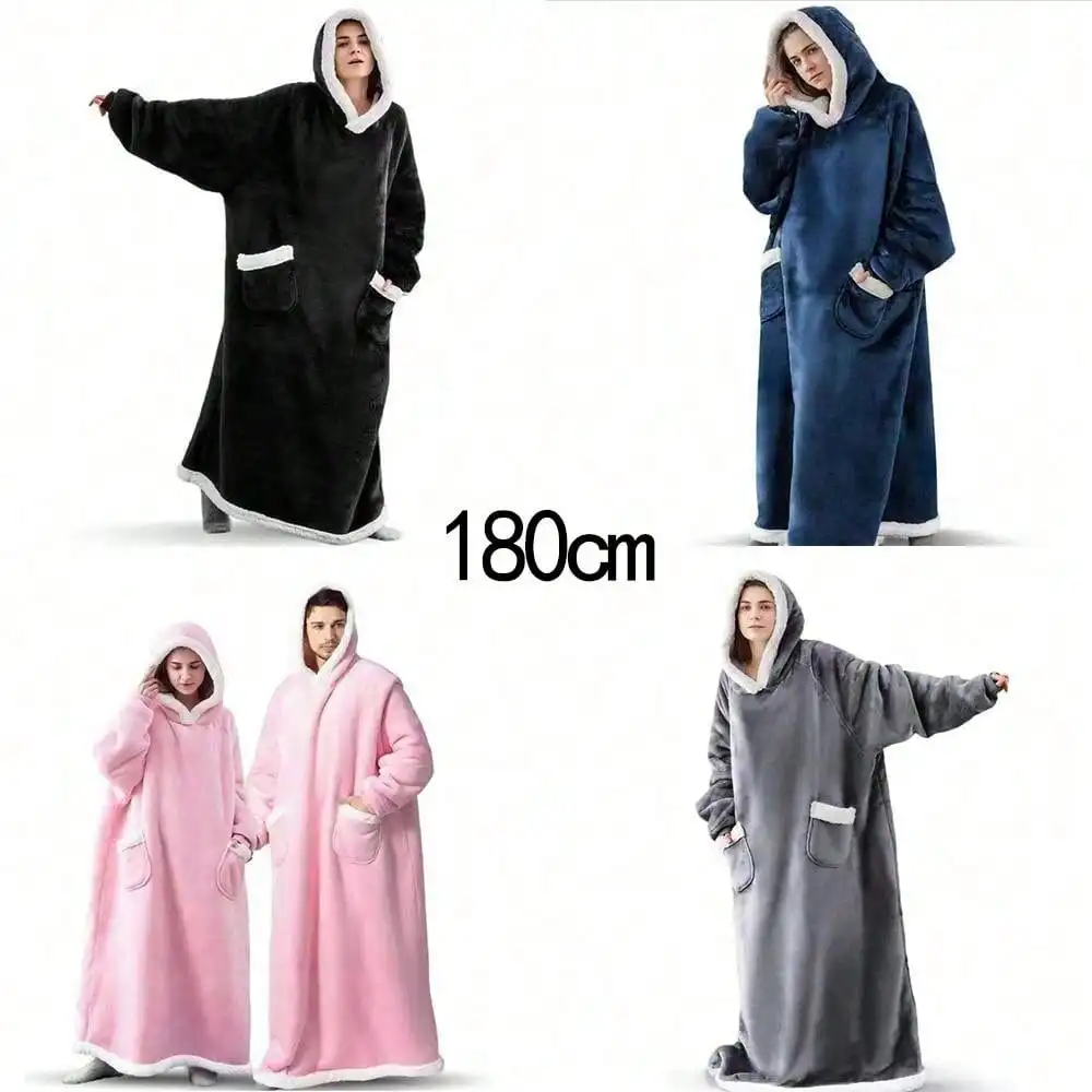 180cm Super Long Flannel Blanket Pyjamas with Sleeves Winter Hoodies Sweatshirt Women Men Pullover Fleece Giant Oversized Outdoo