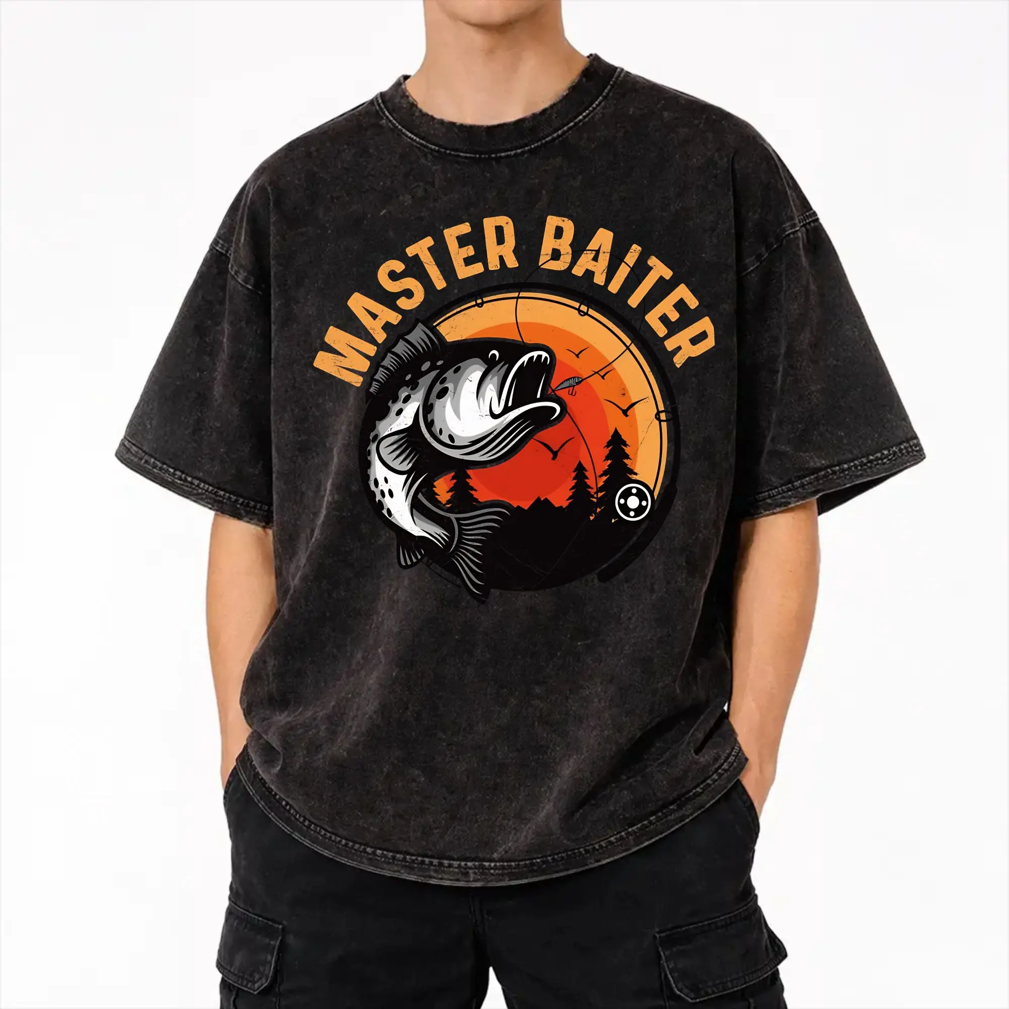 Master Baiter Funny Fishing  Washed T Shirt Streetwear Hip Hop Vintage T-Shirt  Tees Tops for Men Women Cotton High Street