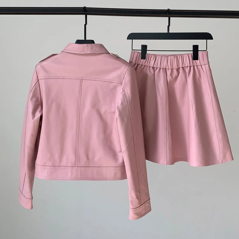 100% vestiti in vera pelle moda giacca da motociclista con bottoni corti top e gonne corte a vita alta elastiche set di pelle di pecora femminile