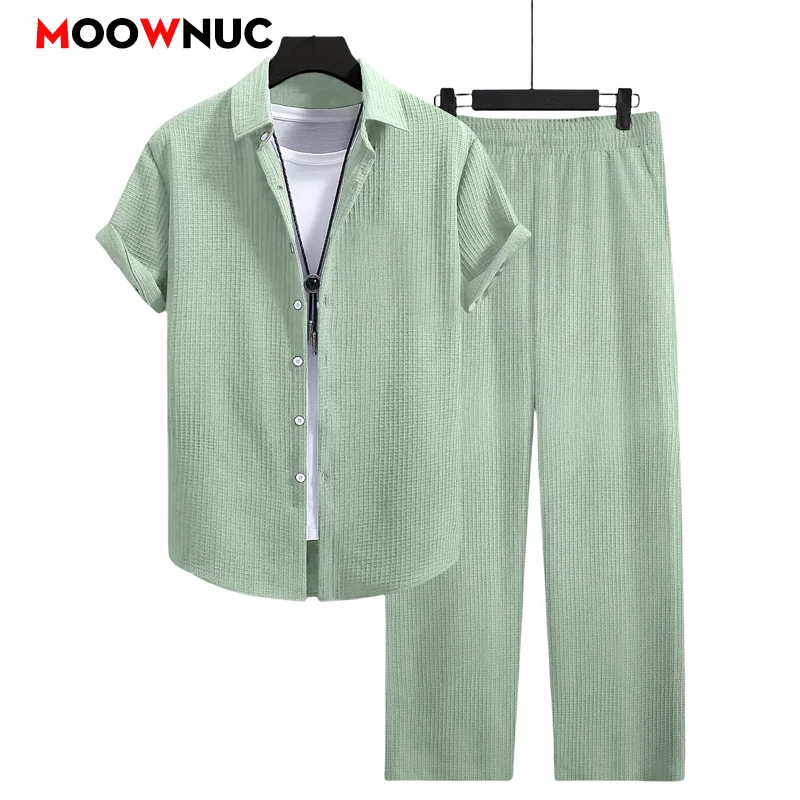 Men's Casual 2-Piece Sportswear Set Streetwear Fashion Tracksuit Shirts and Pants Camping Beachwear Clothing Summer Shirts Set