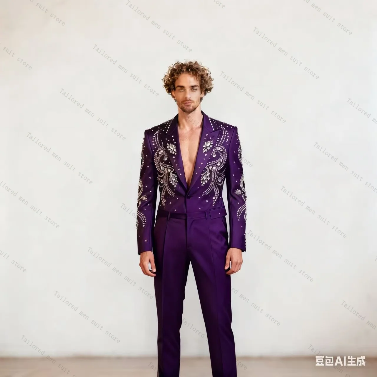 

Red Crystals Men Suits Set 2 Pieces Blazer+Pants Trousers Groom Wedding Tuxedos Jacket Formal Office Cotton Customized Coat