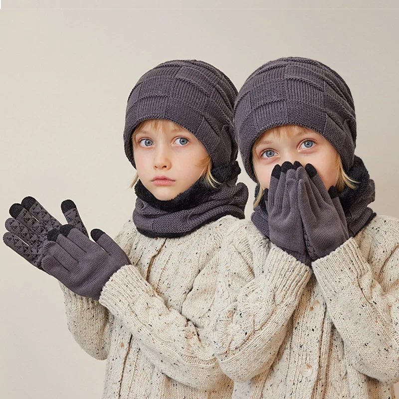 Conjunto de cachecol e luvas de malha quente infantil, 3 em 1, ao ar livre, luxuoso, térmico, meninos, meninas, ternos, inverno