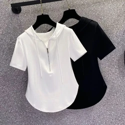 Summer Hooded Slim Short SleeveT-shirt Pullover New Solid Color Irregular Casual Commuting Short Sleeve Top Women Clothing