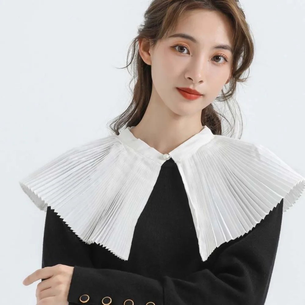 Detachable Dual-piece Set Organ Pleats Fake Collar Adjustable Ribbon Tie Flared Fan-shaped Drape Short Wrist Cuffs