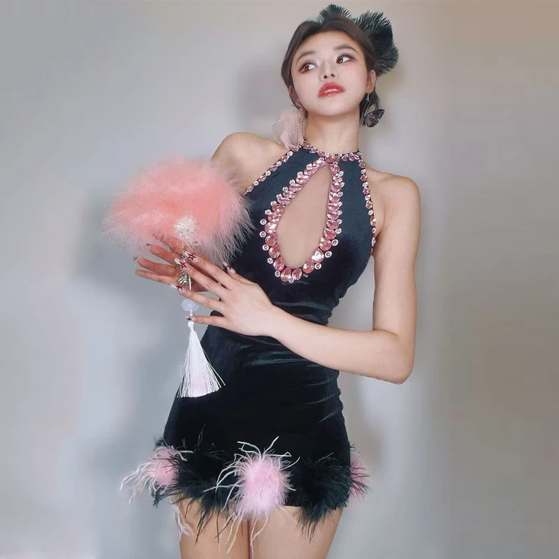 Robe de spectacle de chanteur pour femmes, en velours noir, avec strass, tenue de Festival, Bar Ds Dj Gogo, Costume de danse, vêtements de club sur scène, XS9378