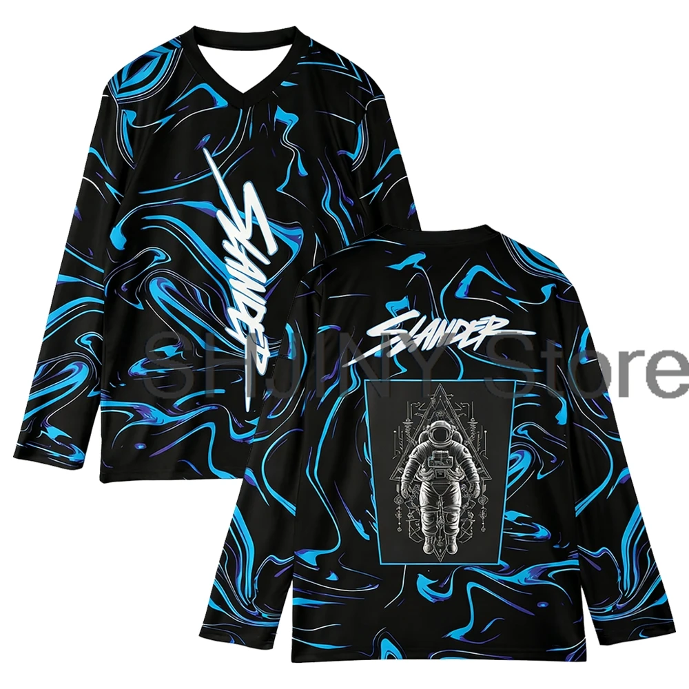 

Slander Spaceman Merch Hockey Jersey 2026 Edm Festival V-Neck Long Sleeve Loose Top Shirts Women Men Sport T-shirt