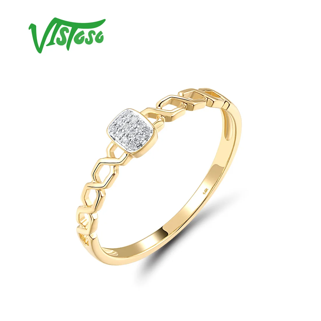 

VISTOSO Real 14K 585 Yellow Gold Ring For Women Sparkling Diamonds Hollow Delicate Wedding Engagement Charming Fine Jewelry