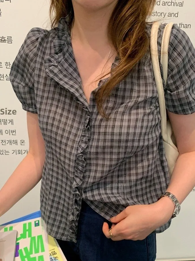 

Chic Retro Single-Button Women's Shirt Bubble Sleeve Plaid Japanese Style Wood Grain Tie-Up Shirt Korean Style Short Sleeve