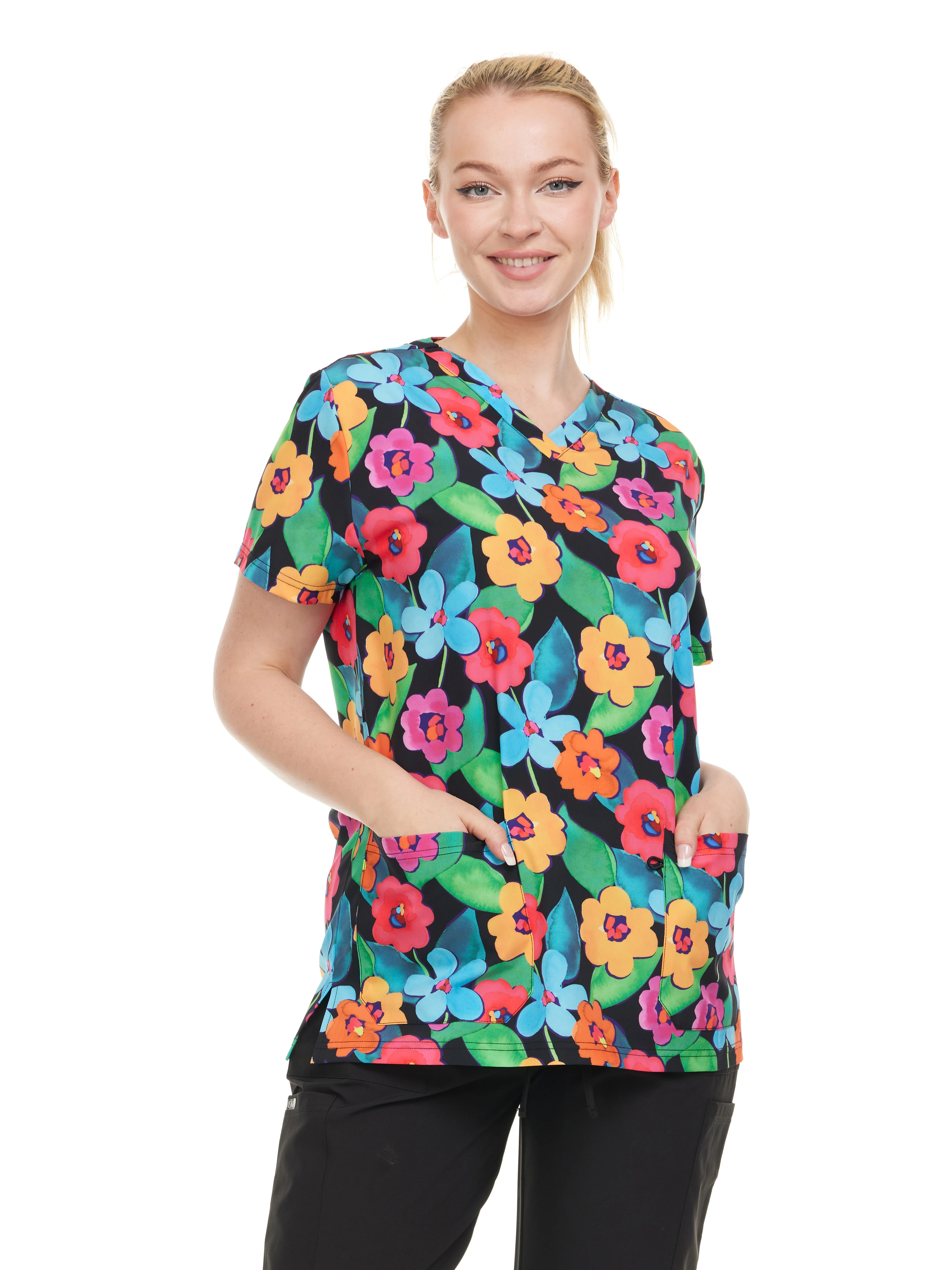 HEAL+WEAR Women's Scrub Top V-Neck Floral Print Multiple Convenient Pockets. 4-Way Stretch Spandex. Wrinkle-Resistant