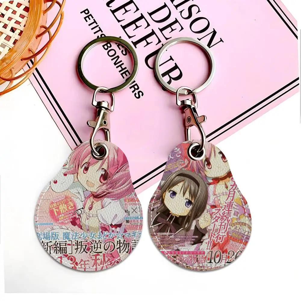 Puella Magi Madoka Magica سلاسل المفاتيح المستديرة للنساء بولي Leather الجلود الفراغات حلقات المفاتيح مثالية لهدايا العيد ومفضلات الحفلات #1