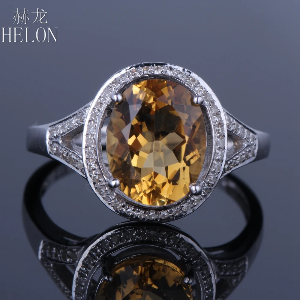 

HELON Sold 14K White Gold AU585 Flawless Oval 10mm x 8mm Natural Citrine Diamond Women Elegant Jewelry Engagement Wedding Ring