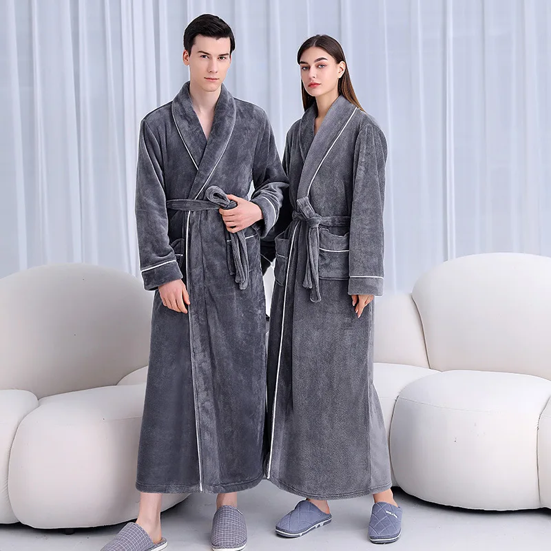 New Winter Autumn Bathrobe Gown Warm Flannel Sleepwear Women Kimono Robe Long Nightgown with Pocket Men Shower Robe Home Clothes