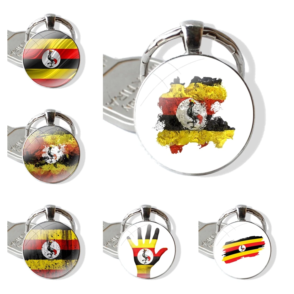 Uganda Flag Coat Of Arms Keychain Handmade Glass Cabochon Key Ring Holder Pendant Key Chains