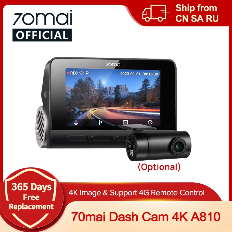 Global 70mai Dash Cam A810 Ultra HD 4K GPS embutido ADAS Gravação automática 150FOV Detecção de movimento 70mai A810 Carro DVR Suporte Cam traseira