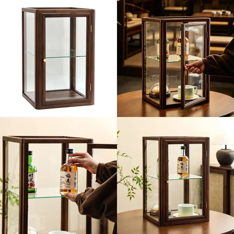 Black Walnut Solid Wood Glass Display Cabinet Desktop Storage for Tea Ceremony Teacups Dustproof Showcase