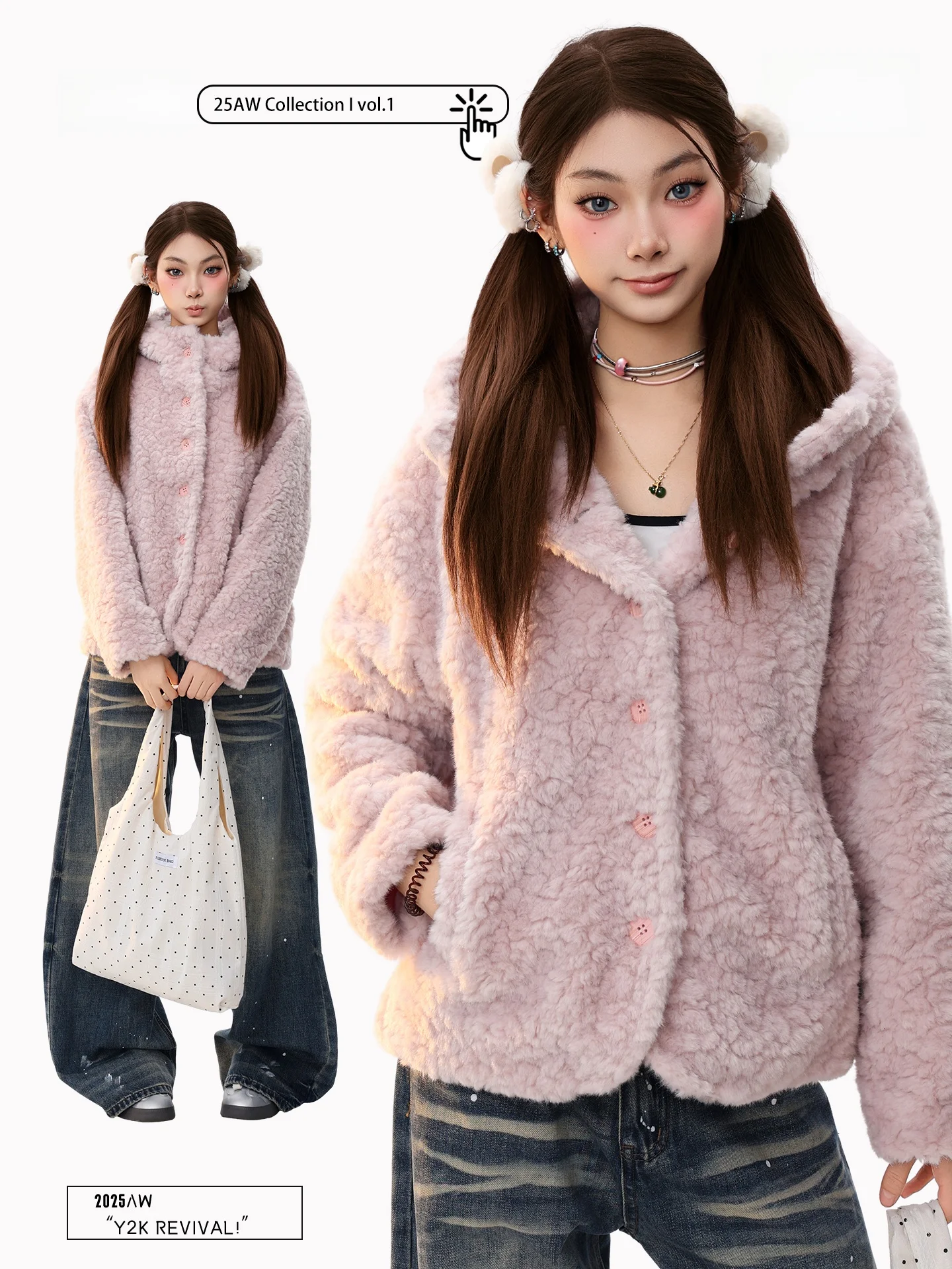 

PBB American Retro Thiened Fluffy Pink Cotton Jaet Women's Soft Sle Loose Warm Cotton Clothes Long Sve Zipper Closure