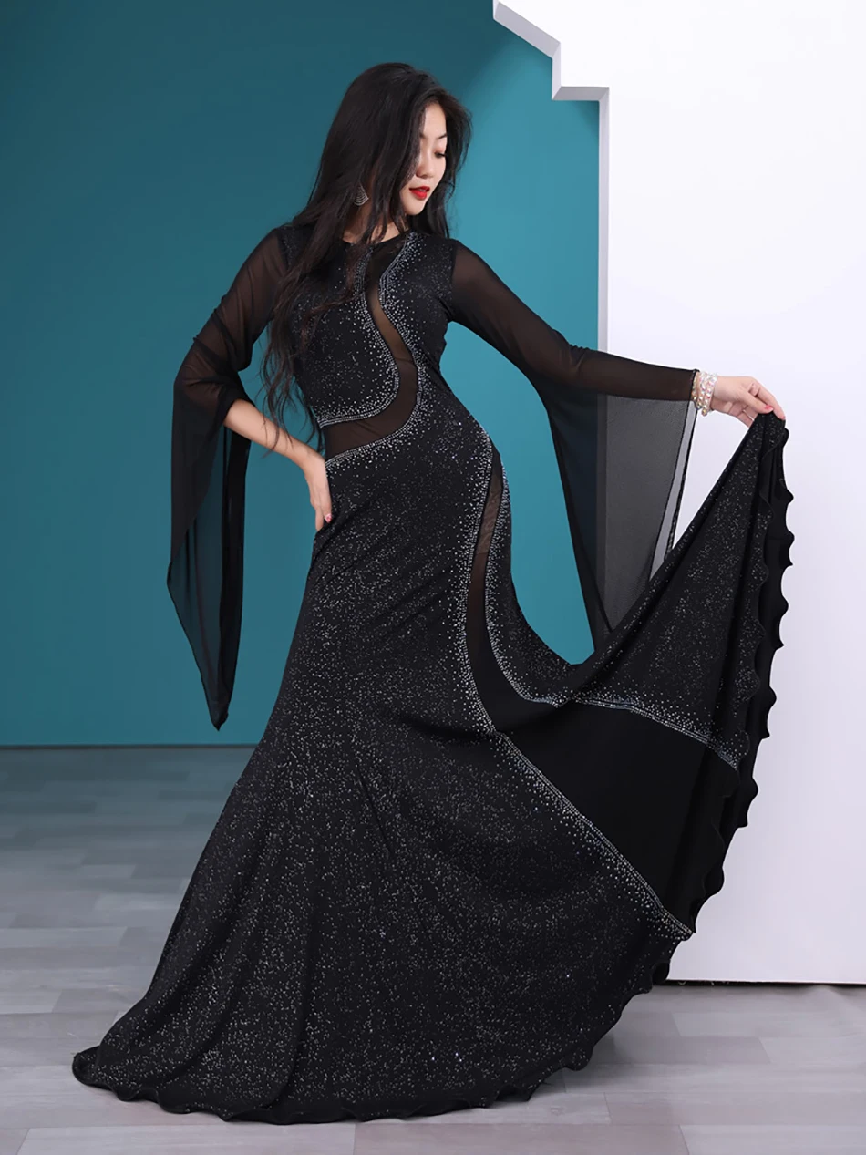 Set di abiti da danza del ventre Abito che scuote i capelli dell'Iraq per le donne Abiti da performance Kawleeya Abiti da performance trasparenti