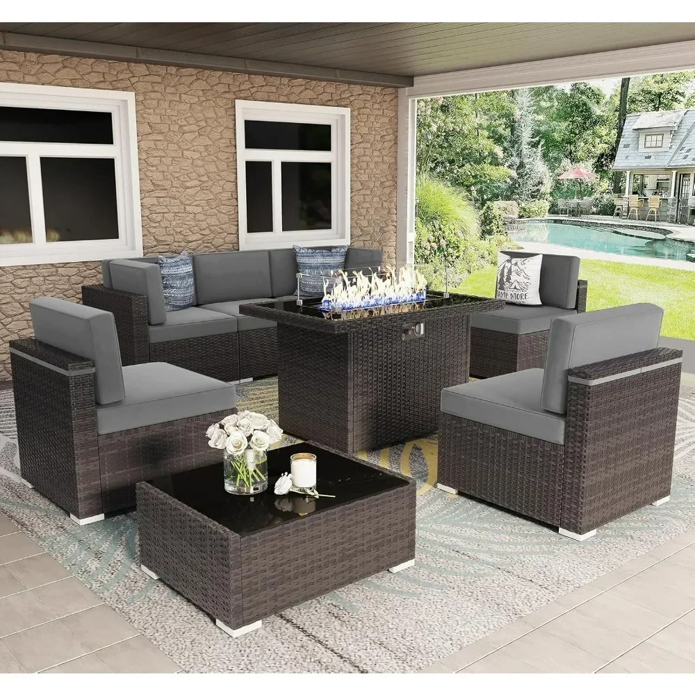 

8 Pieces Patio Furniture Set with 44" Propane Gas Fire Pit Table, Brown Rattan Wicker Conversation Sofa Sets with Coffee Table