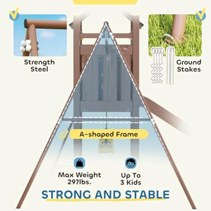 Swing Set for Backyard Playground Set with 6 FT Slide 2 Adjustable Swings Fort with Canopy Ladder Outdoor Playset with Ground S