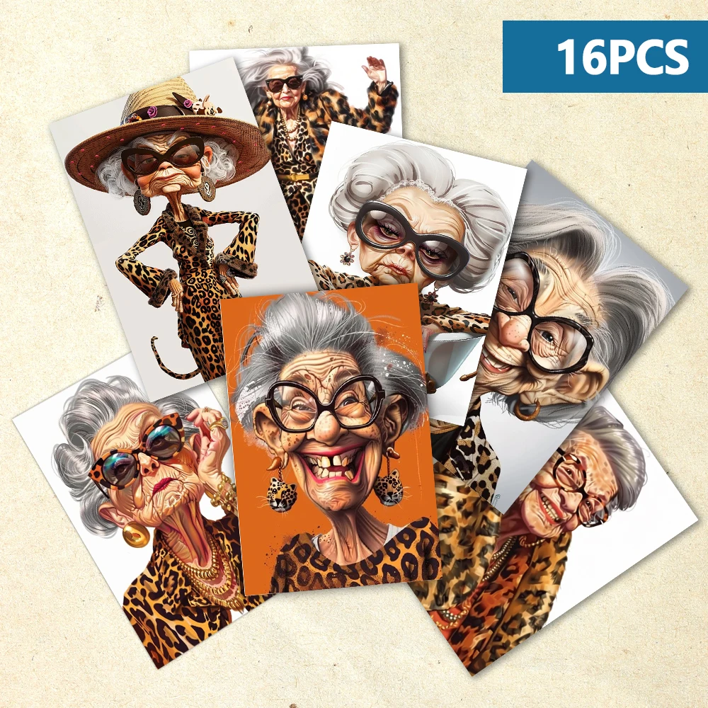 

16 шт., открытки с изображением причудливой старушки и леопарда, в сюрреалистическом стиле, подарки на день рождения/годовщину, коллекционные предметы, подходят для подарков.