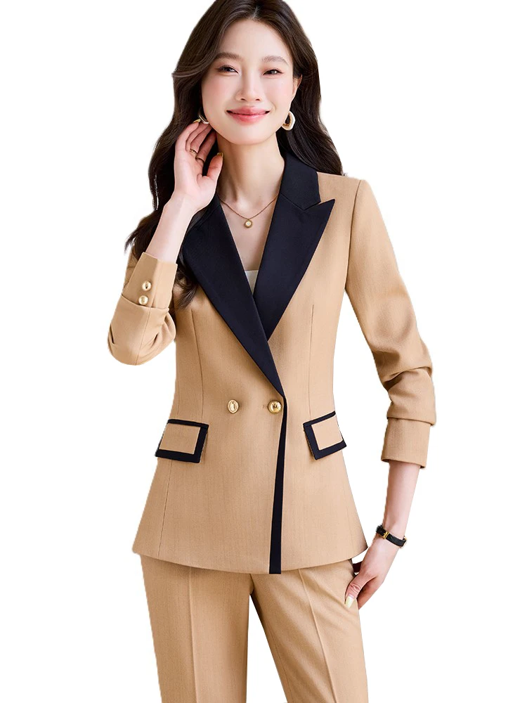 

Fashion Women's Pant Suit Ladies Work 2 Piece Set Khaki Beige Black Female Formal Blazer And Trouser