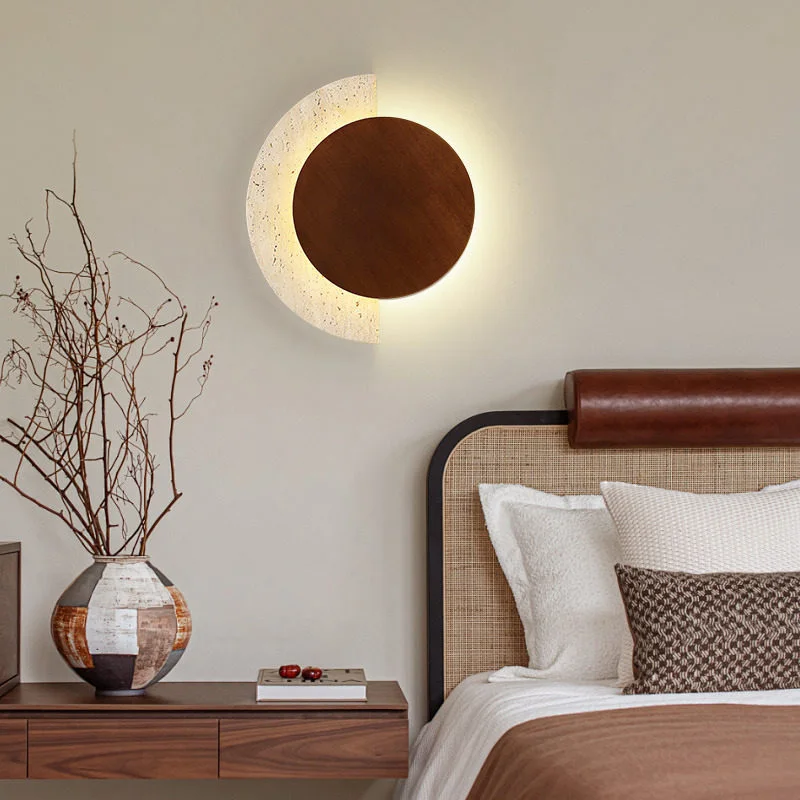 Round Bedside Lamp Wabi Sabi Style Yellow Travertine Stone Wall Light LED Wooden Decor for Home Living Room Aisle Lobby Entrance