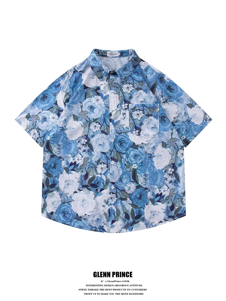 

GPstudio Japanese Retro Oil Painting Floral Half Sleeve Men's Summer Casual Shirt Island Vacation Loose Fit Printed Shirt