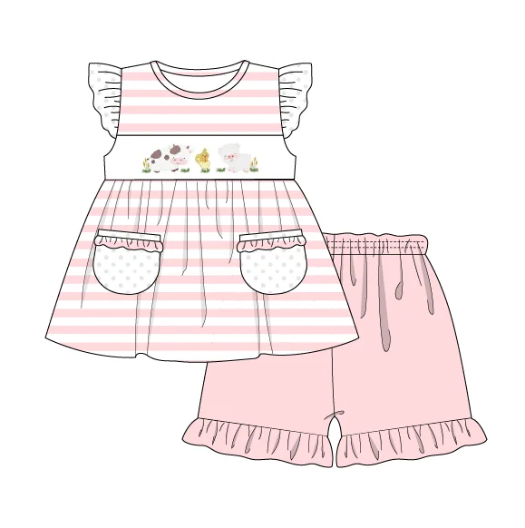 Baby Boutique Short Sleeve T-shirt Set Round Neck Farm Animal Embroidery Girl Dress Boy Pink Stripe Top Clothes And Blue Pants