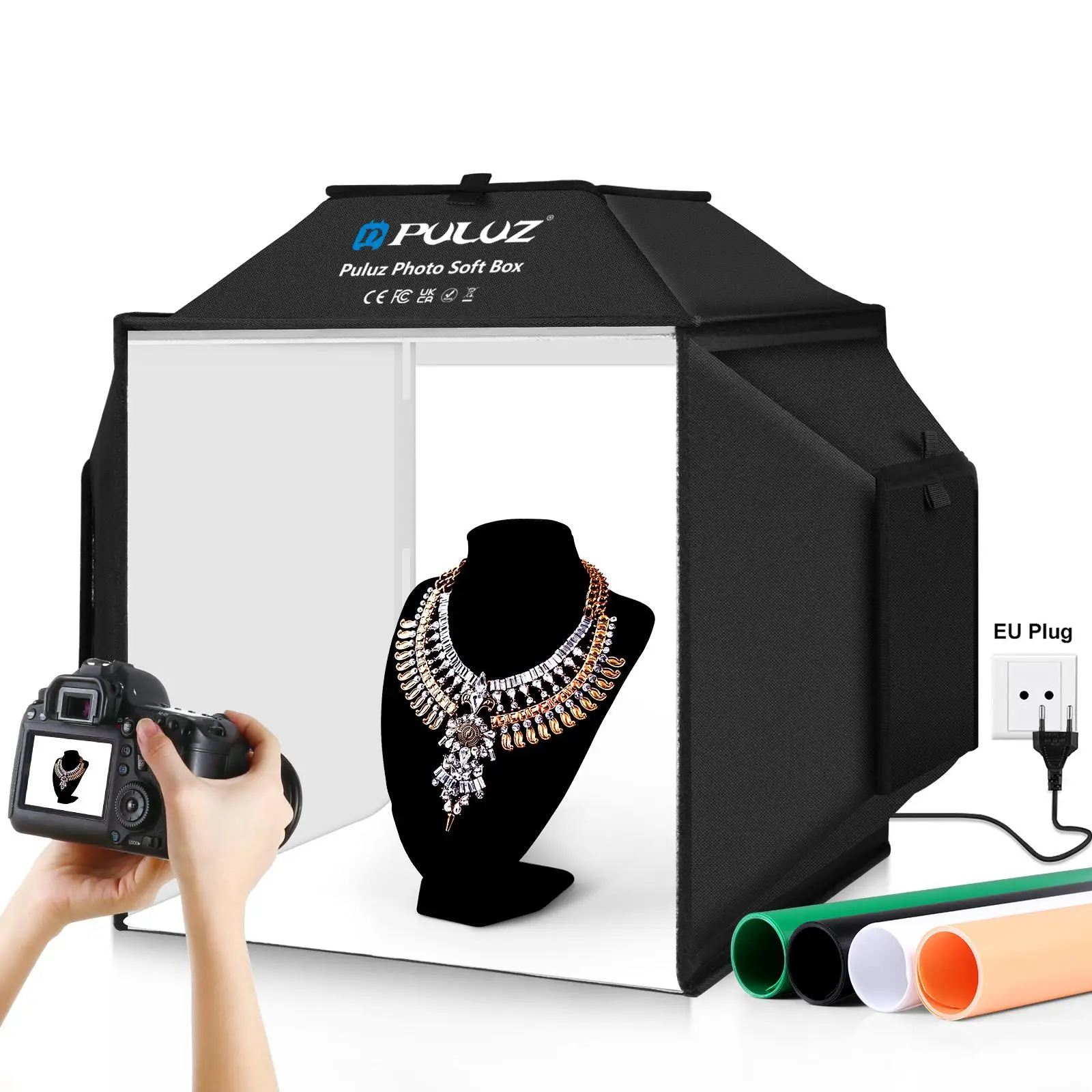 

PULUZ 40cm Folding 72W 5500K Studio Shooting Tent Soft Box Photography Lighting Kit with 4 Colors Backdrops LED Photo Softbox