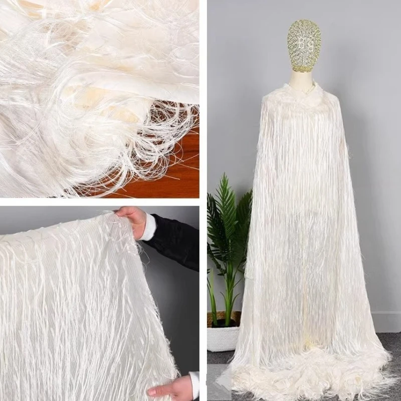 Super Long Tassel Dragon Whisker Chiffon Jacquard Fabric Off White Elegant Dress Vertical Lace Clothing Design Fabric