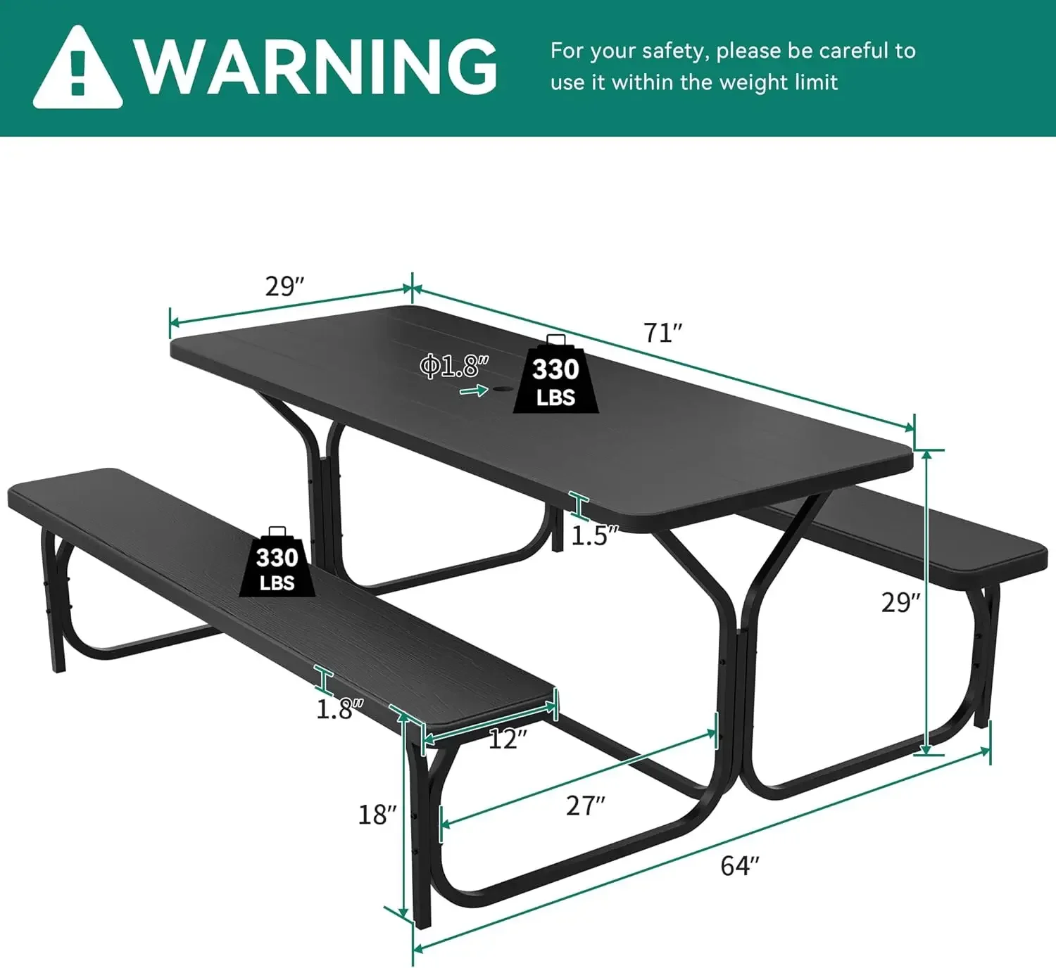 Mesa de piquenique de 6 pés, mesa de piquenique ao ar livre resistente e mesa de resina e estrutura de aço estável com furo para guarda-chuva