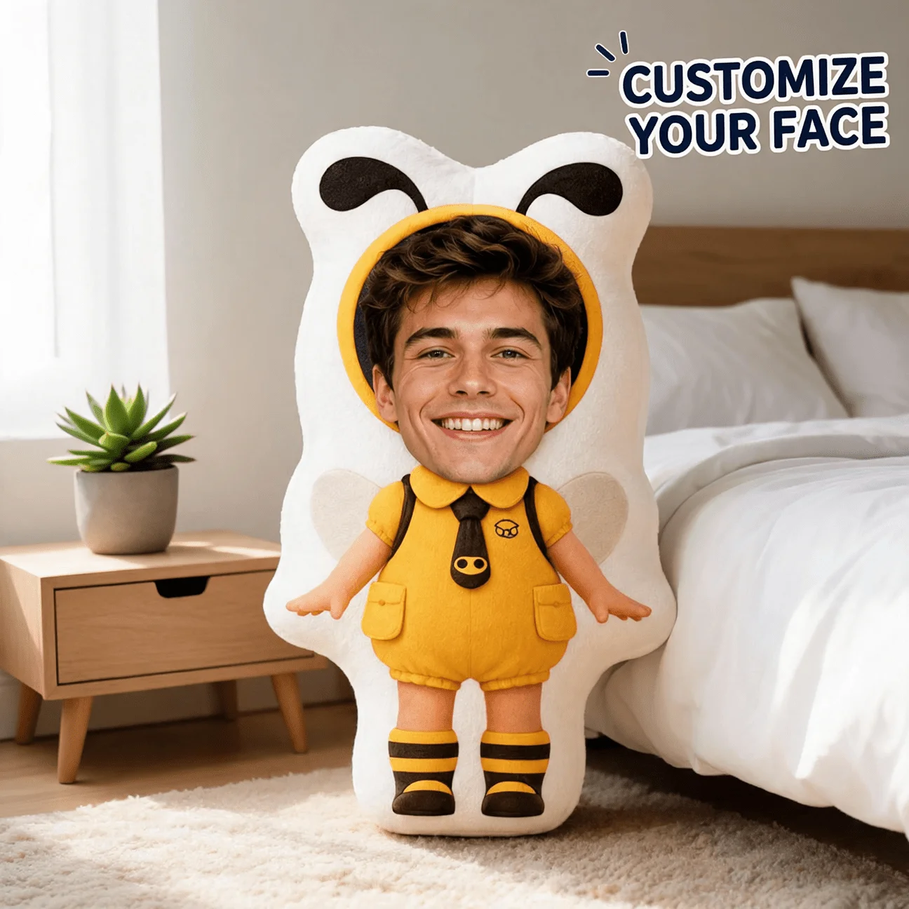 Personalized Photo Bee-Shaped Pillow - Custom Face & Photo Cushion with Your Own Picture, Large Suitable for Sofa & Bed Decor, H