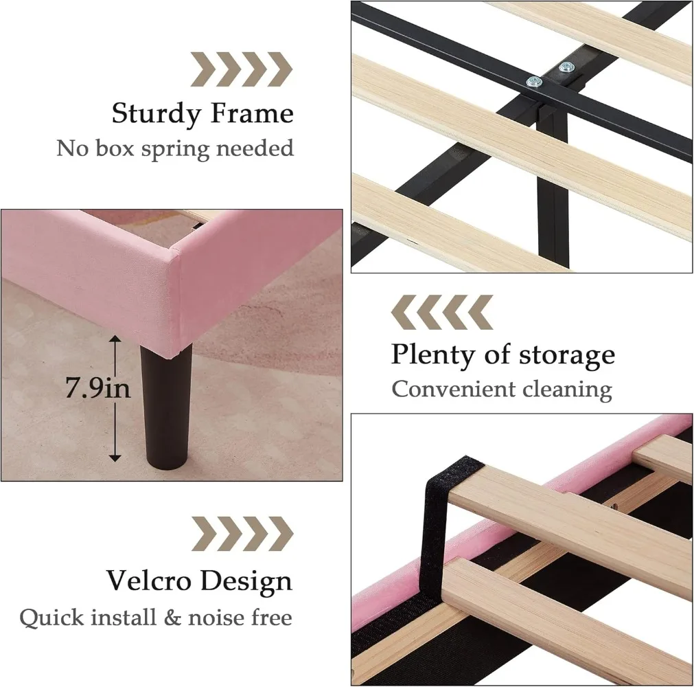 VECELO-Twin Estofados Plataforma Bed Frame para Crianças, Cabeceira Ajustável Tufado, Fundação Colchão, Madeira Slat, Meninas e Meninos