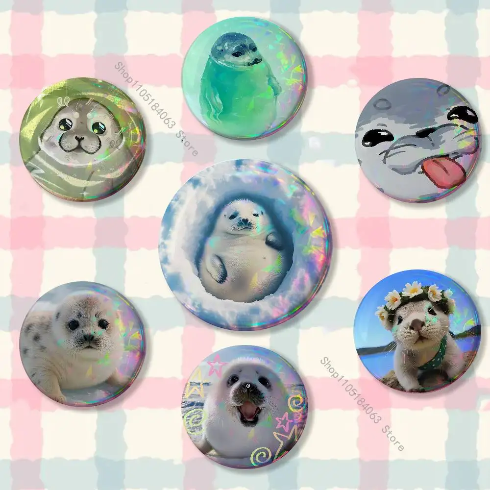 

Seal Animal Cute Laser reflective round badges pins bag clothing decorations collectibles gifts for friends