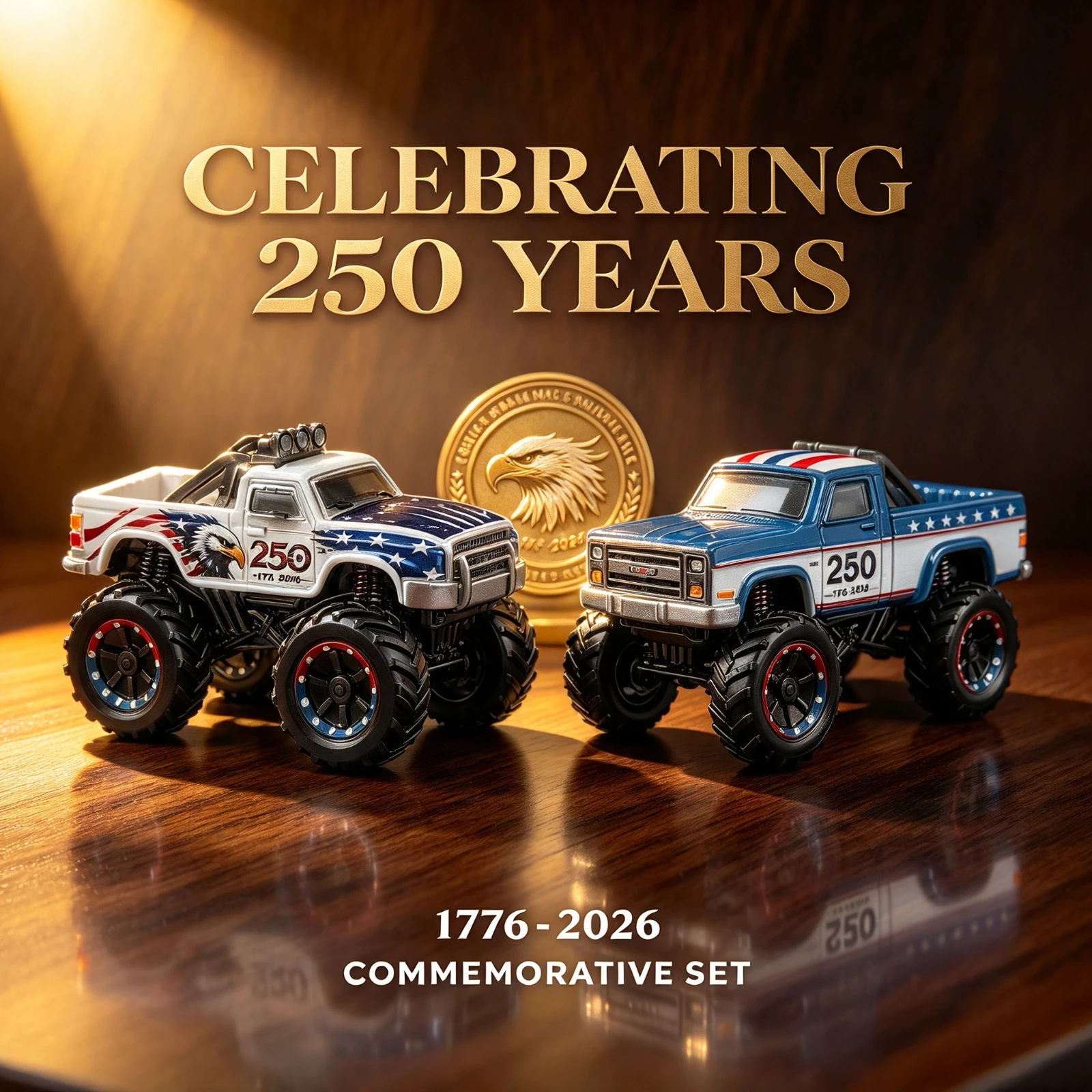Die Cast Monster Truck 250th Ornament Anniversary American Flag Eagle Pickup Car Model Vehicle Toy Gift For Kids Boys Collection