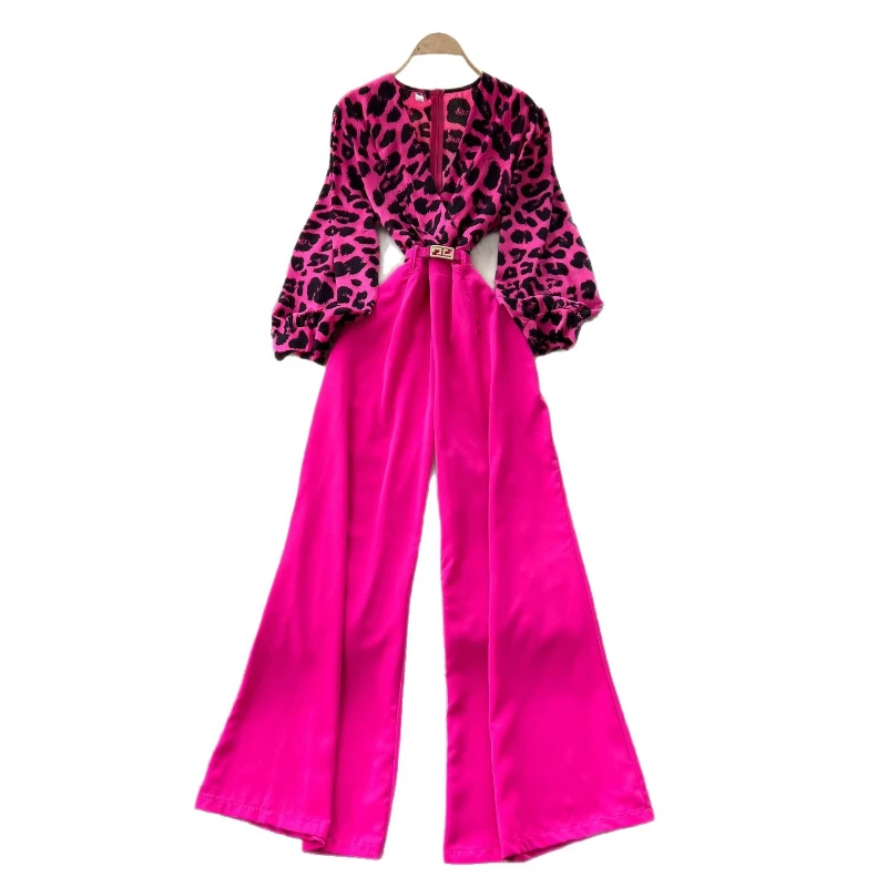 Jumpsuits ผู้หญิง One Piece แขนยาวเสือดาวพิมพ์ Overalls ยาวกางเกงเอวสูง Rompers Y2k Streetwear Jumpsuit ทํางาน